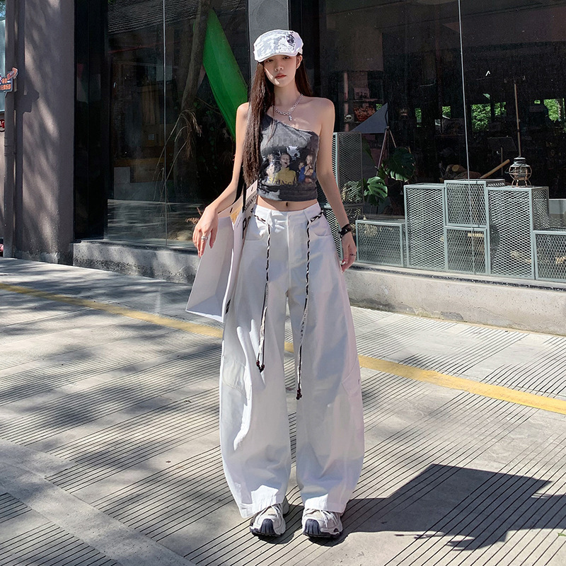 军绿色美式街头宽松阔腿裤女秋季慵懒风工装裤高腰休闲弯刀运动裤|undefined