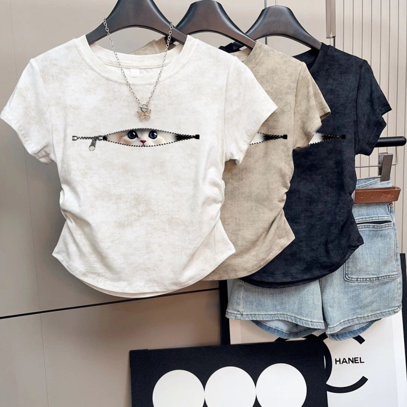 アメリカンピュアコットンホットガール半袖Tシャツレディースウエストショートタイダイデザイン2025夏多用途学生トップ|undefined