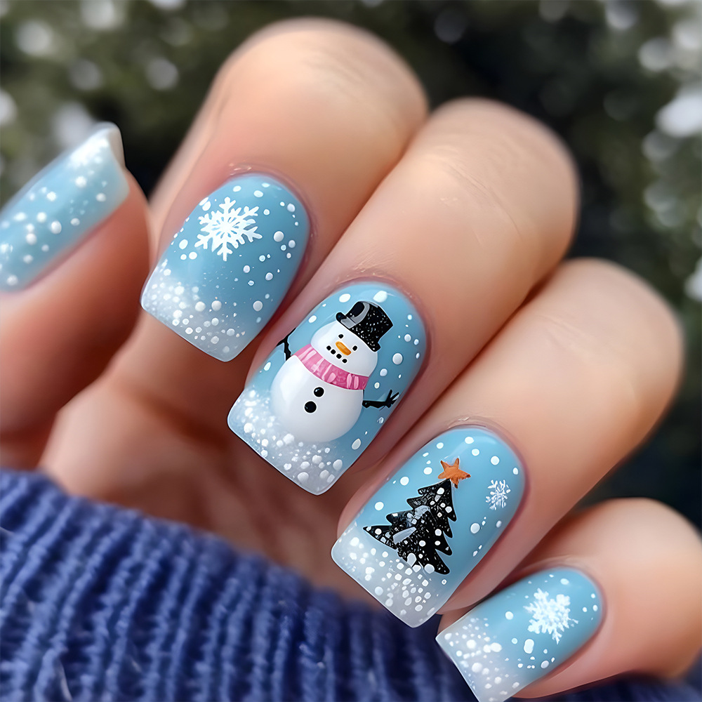 Navidad 3D estereoscópica de vestir uñas de nieve, copo de nieve, árbol de Navidad uña falsa 24 piezas al por mayor transfronterizas de uñas