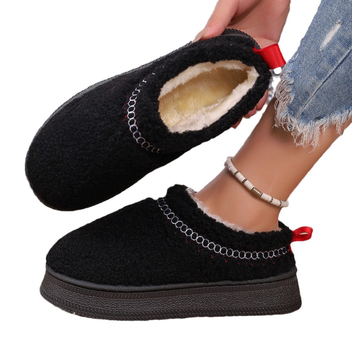 Vastag talpú báránygyapjúból készült, szélálló, téli, baotou félpapucs, női, új, csipkés, gyapjas, hótaposós, pamut papucs_voghion.com