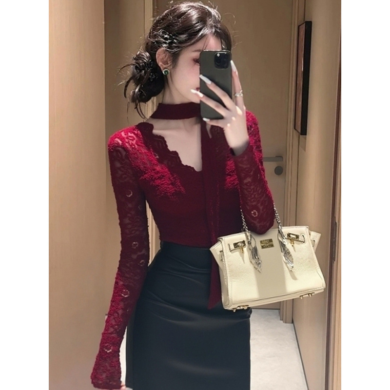 Autumn and Winter Stylish Design Tops for Important Occasions, High-End, Light Luxury, Age-Reducing, Fashionable Burgundy Lace Shirts