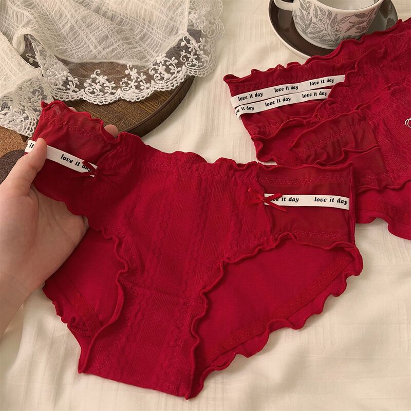 Good Luck Last ~ Pure Desire Zodiac Year Red Underwear Women's Plaid Mid-Waist Hollow Breathable Women's Seamless Briefs