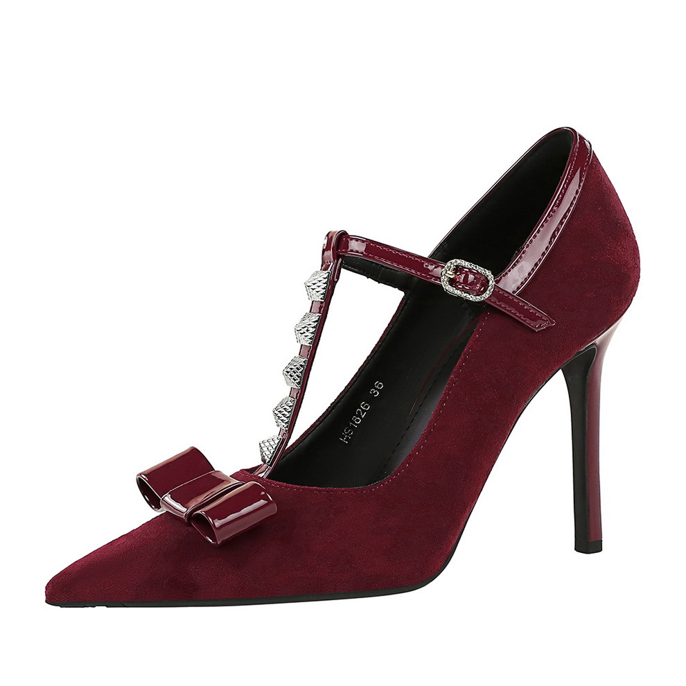 1826-H83 European And American Style Banquet Bowknot Studded Pointed High-heeled Shoes, Suede T-strap Sexy Women's Shoes_voghion.com