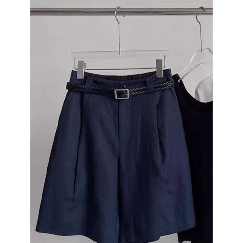 Quần short nữ cạp cao vải lanh cotton mùa hè dáng rộng thoải mái — màu xanh navy chi tiết 6