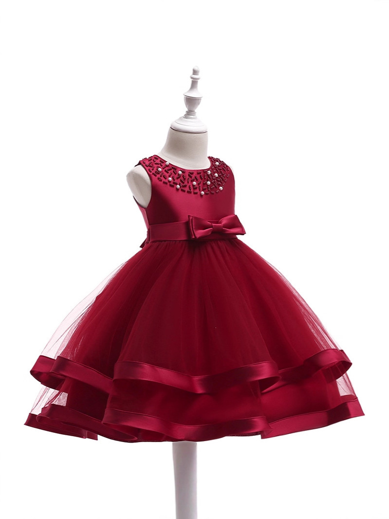 Children's Dress Princess Dress Round Neck Beaded Cake Tutu Skirt Ribbon Flower Girl Wedding Dress Birthday Party Evening Dress