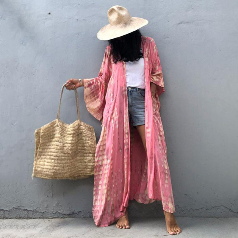 Rayon Water Print Bikini Cover up Loose Dress Sexy Cardigan Beach Sun Protection Shirt European American Style Women's Clothing Swimwear_ecoleips.com