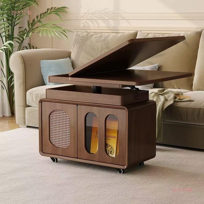 家用实木可升降折叠移动多功能茶几沙发边几复古客厅创意简约中式
