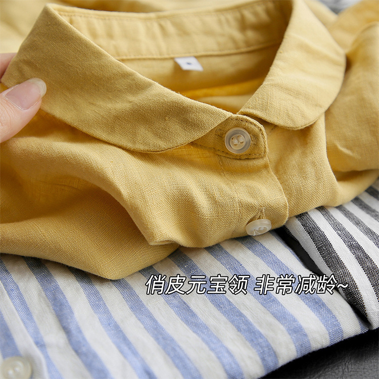 Japanese Style Commuter Cut Label Breathable Pure Linen Age-reducing Ingot Collar Raglan Short-sleeved Loose Casual Shirt Top