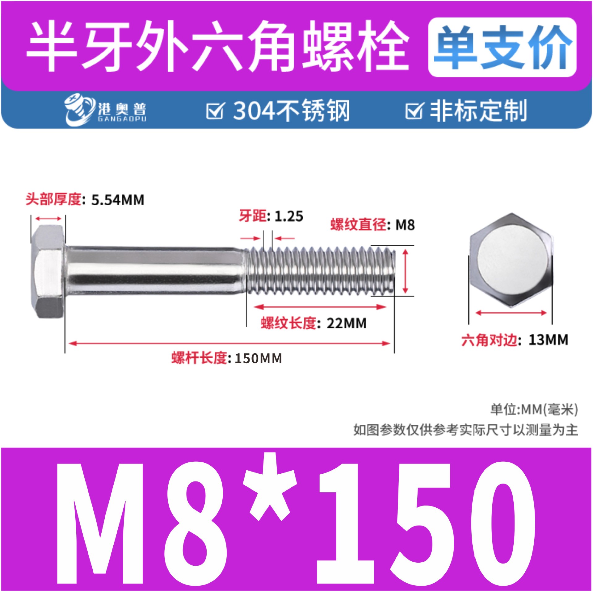 Tornillos hexagonales de media rosca, acero inoxidable 304