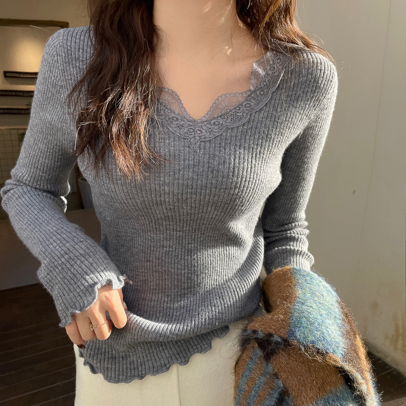 低领蕾丝针织衫设计感内搭毛衣女2025新款春秋冬季V领纯色打底衫|undefined