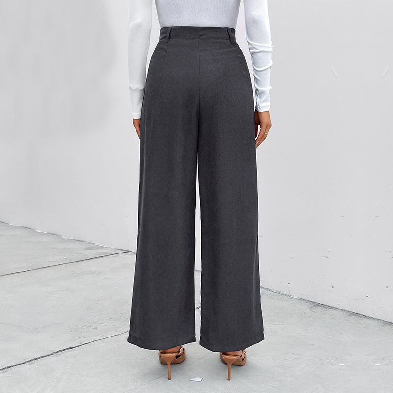 women's autumn and winter loose casual pants commuting high-waisted wide-leg pants corduroy casual button trousers_voghion.com