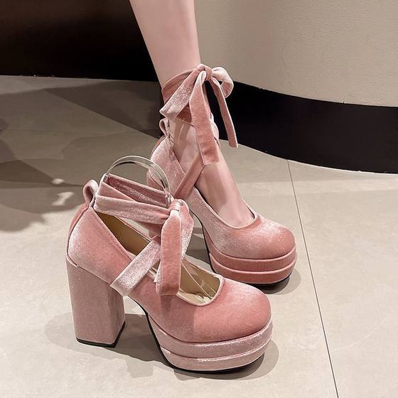Hepburn Style Women's Niche Thick-soled Mary Jane Shoes 2024 Autumn New All-match Small Cross Strap Waterproof Platform