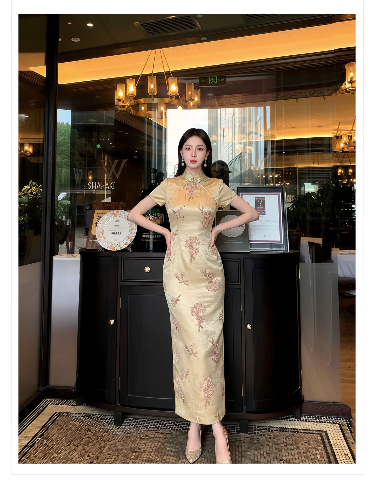 Đầm maxi nữ thêu ren hoa cổ trụ cài khuy, phong cách tân cổ điển — màu vàng chi tiết 12