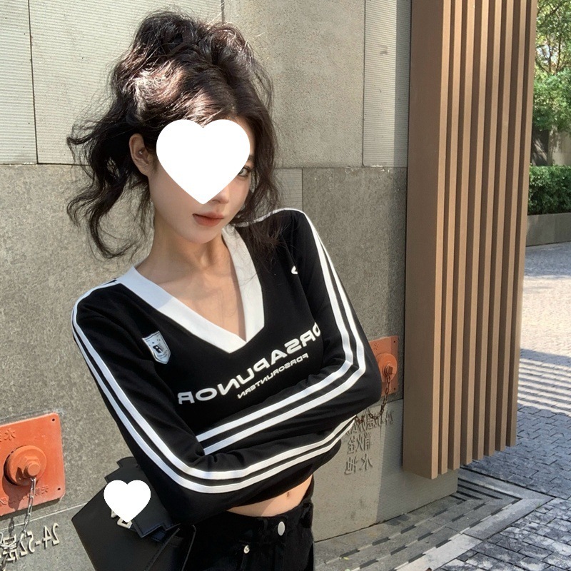 美式辣妹撞色字母复古打底印花长袖秋季运动恤显瘦修身短款上衣|undefined