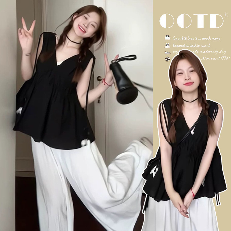 Maternity Summer New Design Sense Sleeveless V-neck Top Loose Wide Leg Pants Casual Two-piece suit Maternity Summer New Design Sense Sleeveless V-neck Top Loose Wide Leg Pants Casual Two-piece suit
