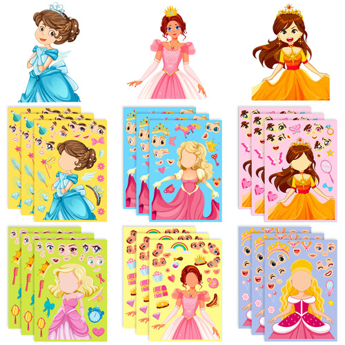 Cross-border 6 sheets per pack Fairy Princess Face Change Puzzle Sticker Princess Face Change Make a Face Puzzle Sticker