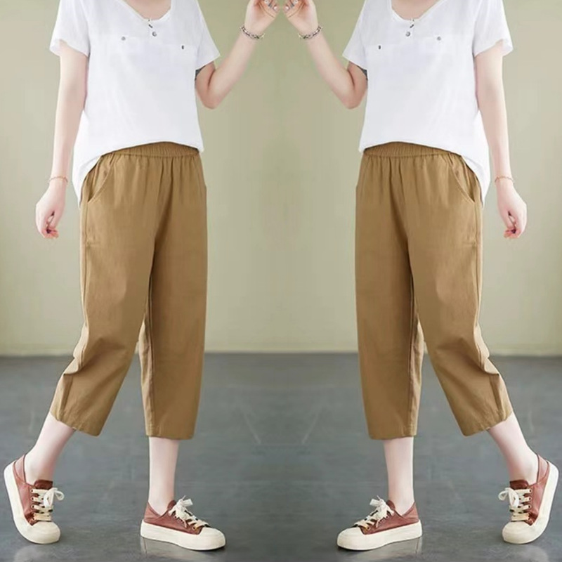 Thin Cotton Pants for Women, New Spring/Summer 2025 Style, Pure Linen High-Quality Casual Cropped Pants for Middle-Aged Moms
