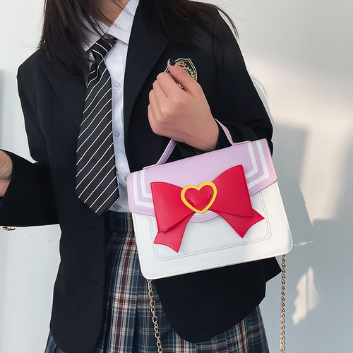 Japanese anime peripheral cute cartoon magic girl bow contrast color pu crossbody bag funny personality women's bag