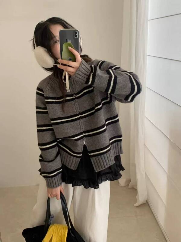 日韩系慵懒风条纹针织开衫女秋冬新款跨境宽松显瘦百搭双拉链毛衣|undefined