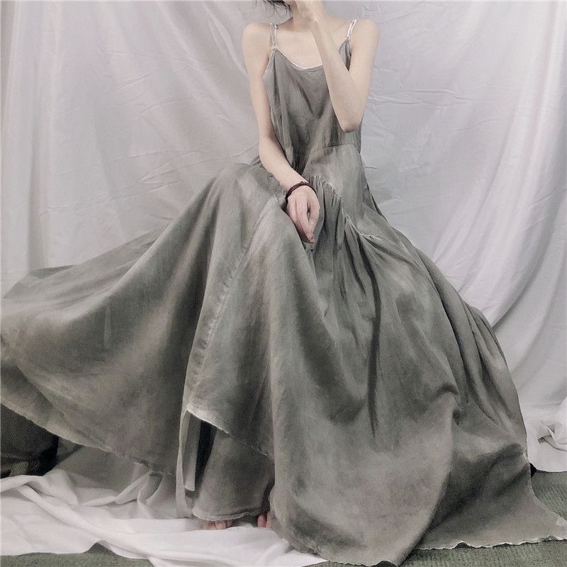 Summer Irregular Double-Layer Large Swing Grey Handmade Tie-Dye Vintage Super Long Elegant Dress Slip Dress Summer Irregular Double-Layer Large Swing Grey Handmade Tie-Dye Vintage Super Long Elegant Dress Slip Dress