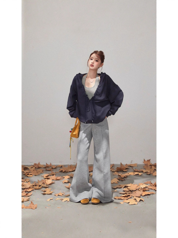 【工厂现货】抽褶连帽V领长袖卫衣女秋韩系休闲上衣|undefined