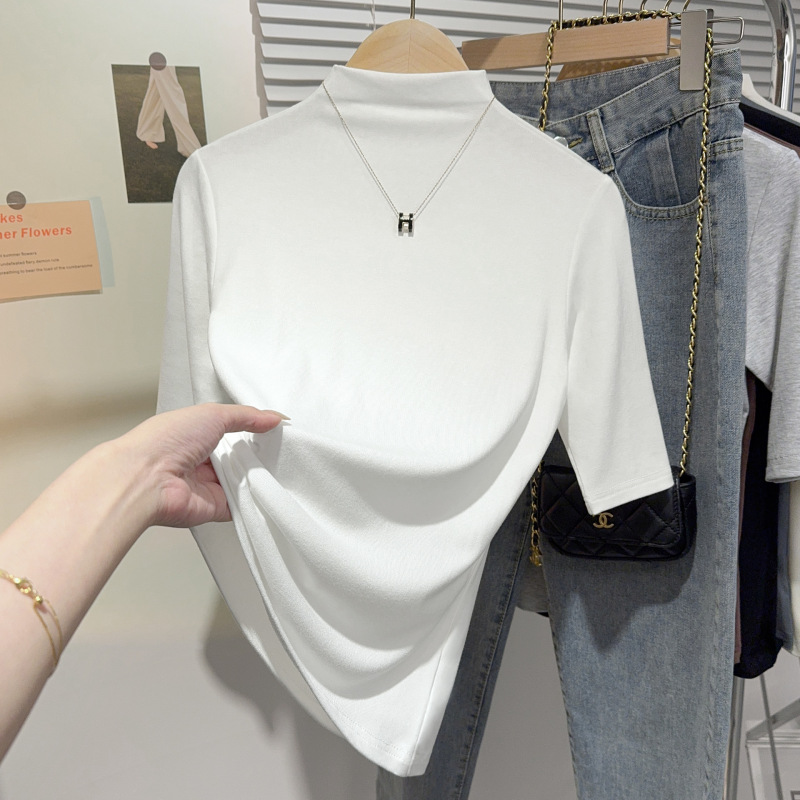 右肩黒ハーフタートルネックミッドスリーブTシャツ女性用2025早春インナーリブニットボトムシャツ七分袖トップ|undefined