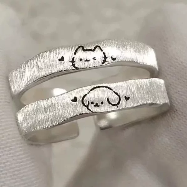Cute cat and puppy couple rings, unique design, brushed plain open rings, student anniversary gift