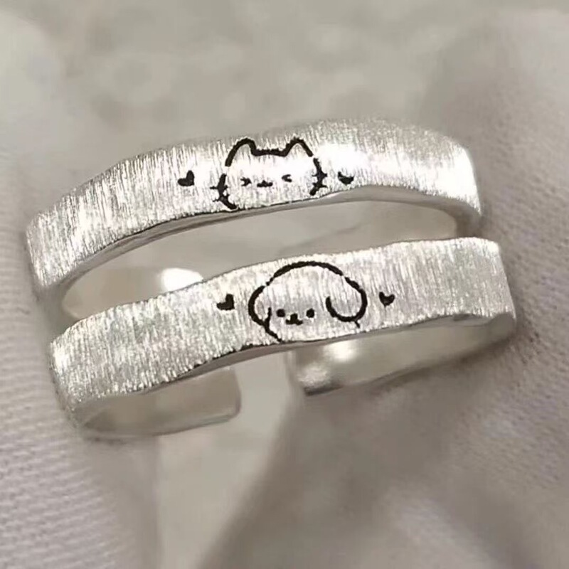 Cute cat and puppy couple rings, unique design, brushed plain open rings, student anniversary gift