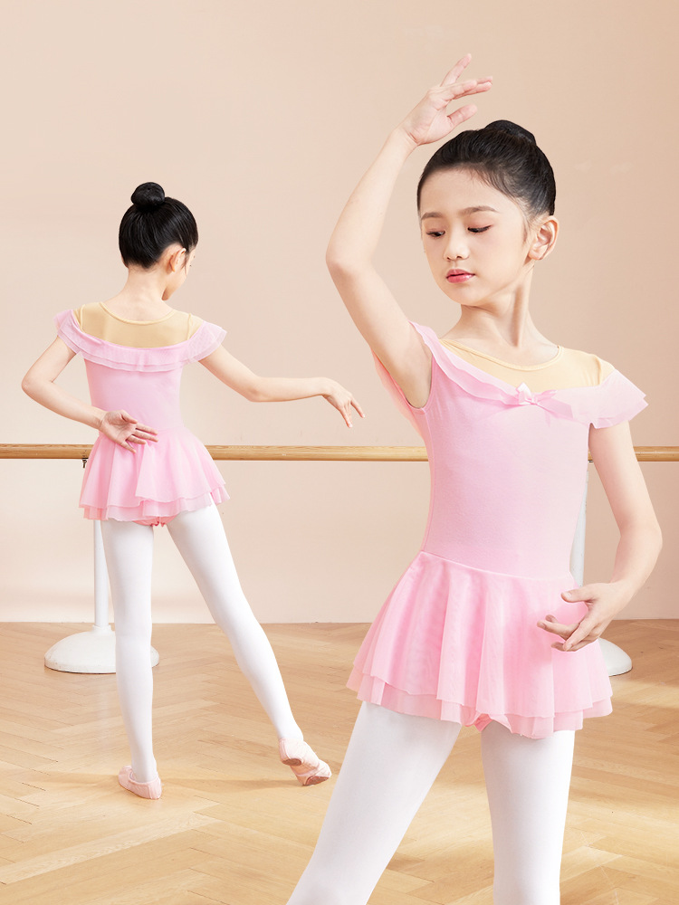 Ropa de baile para niños, vestido de una pieza de red con un hombro de verano, vestido de danza clásica de danza china, vestido de baile de práctica para niñas