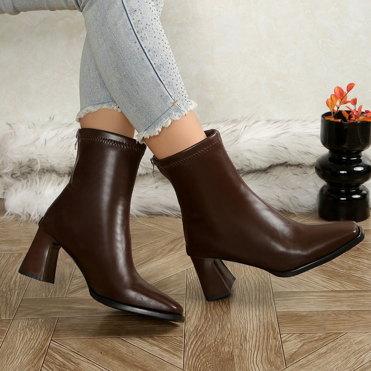 Dameslaarzen met vierkante neus, afslankende hoge hakken, dikke hak, elastische taille, modieus, plus size, nieuwe winterstijl_voghion.com
