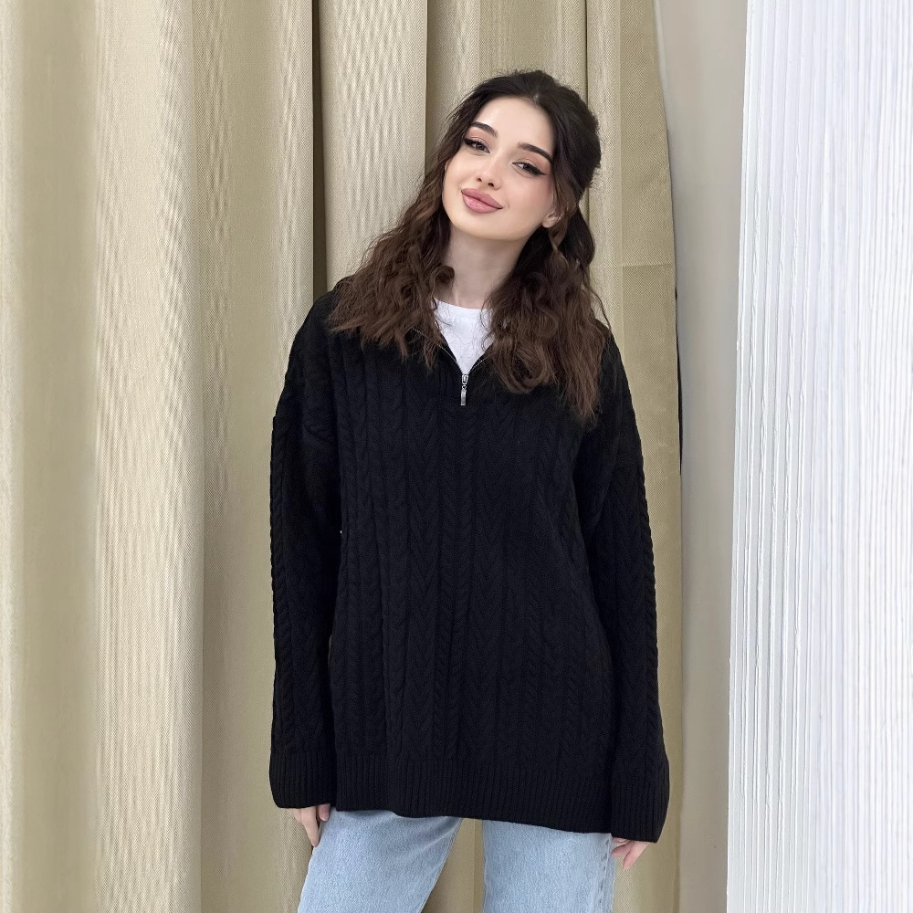 2024 otoño y invierno nuevo estilo europeo y americano Amazon transfronterizo de moda de color sólido medio cremallera cuello redondo grueso camisa de punto suelta