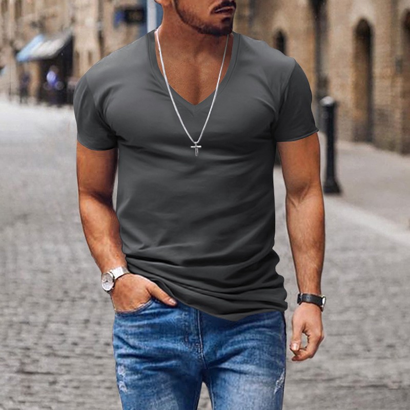 Men's Slim Fit V-neck T-shirt Solid Colour Casual Summer Style_voghion.com