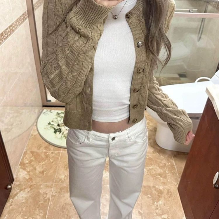 美式老钱风卡其色麻花单排扣针织开衫女春秋冬高级感显瘦毛衣外套