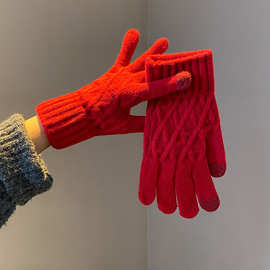 韩国款安可拉红色毛线针织手套女士高弹冬季五指可触屏保暖手套