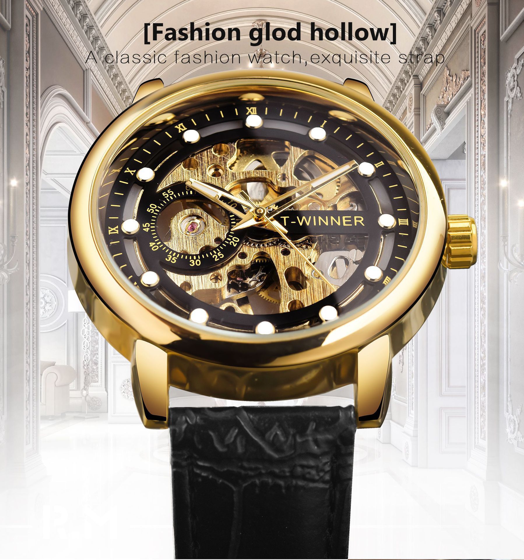 T-winner europeo y americano transfronterizo hombres reloj moda hueco transparente impermeable manual reloj mecánico entrega de una sola pieza