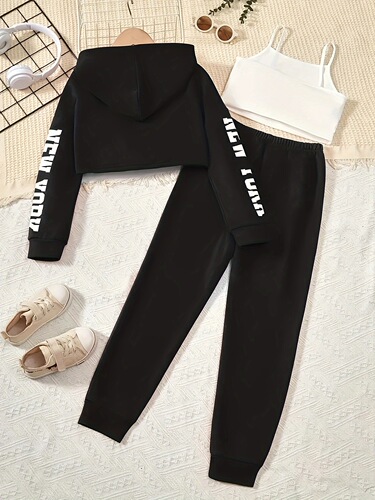 Cross-border foreign trade INS girl spring and autumn fashion three-piece set children short sleeve hoodie belt top sports set