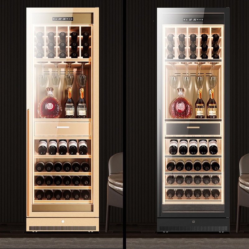 Qie Long 618W wine cabinet, featuring constant temperature and humidity control, is suitable for displaying red wine, fruit wine, and other beverages. It uses a compressor and air-cooling system for optimal wine preservation and is designed for home use