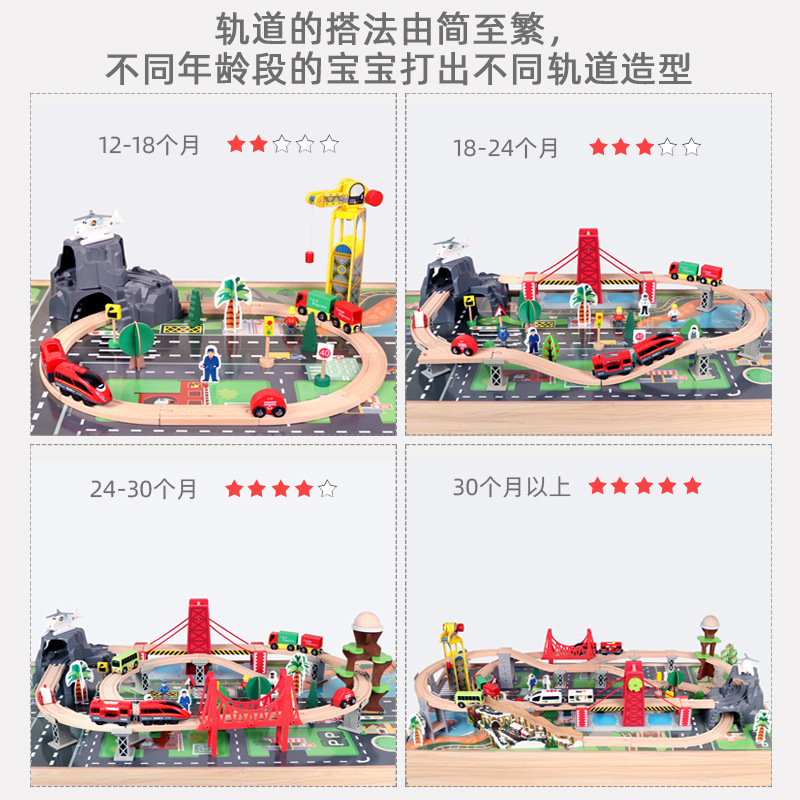 Nuevo estilo 100 piezas de lujo de madera juego de riel eléctrico serie tren riel niños juguetes de montaje de bricolaje al por mayor