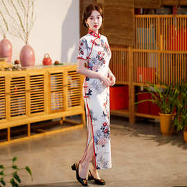 2026春季新款中国风仿真丝长款双层旗袍女演出走秀立领旗袍连衣裙