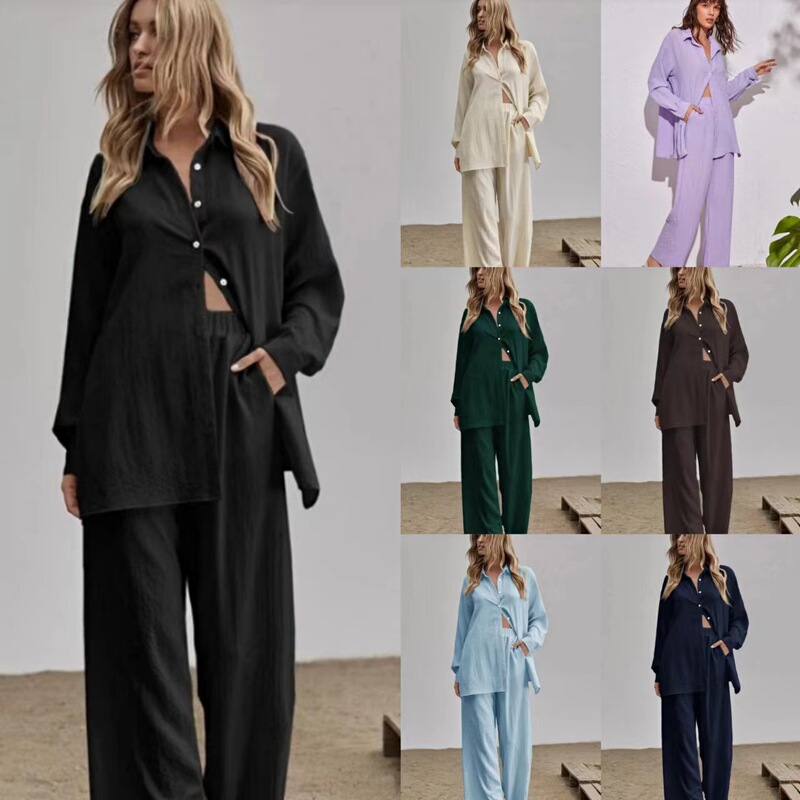 2022 European and American women's autumn new suit solid color high-end casual long-sleeved shirt elastic waist trousers suit women