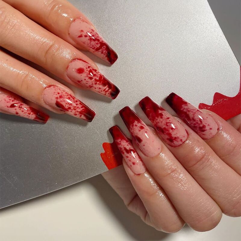 Halloween Bloody European and American Cross-Border Long Water Pipe Nails Hot Girl Wearable Nails 24 Pieces Wearable Advanced Manicure