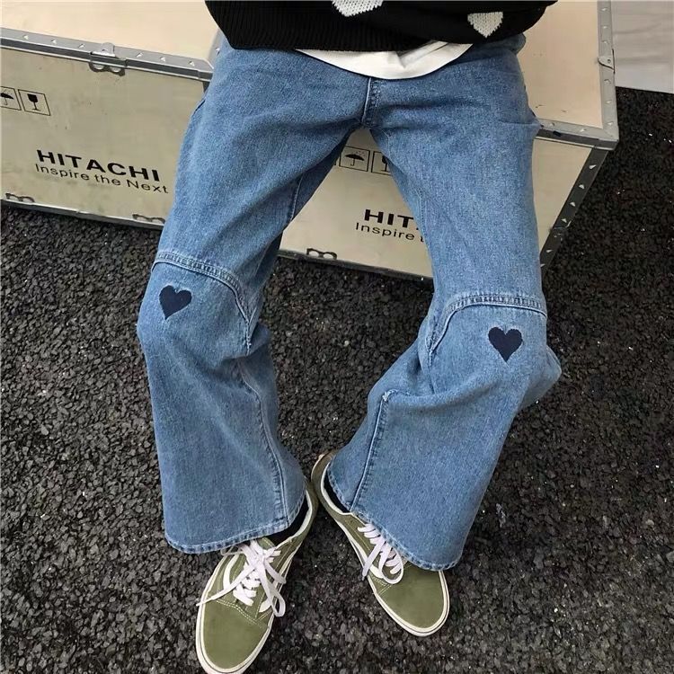 Jeans Men's Trendy ins Japanese Style Retro Heart-shaped Embroidered Loose Dad Pants All-match Washed Straight Long Pants