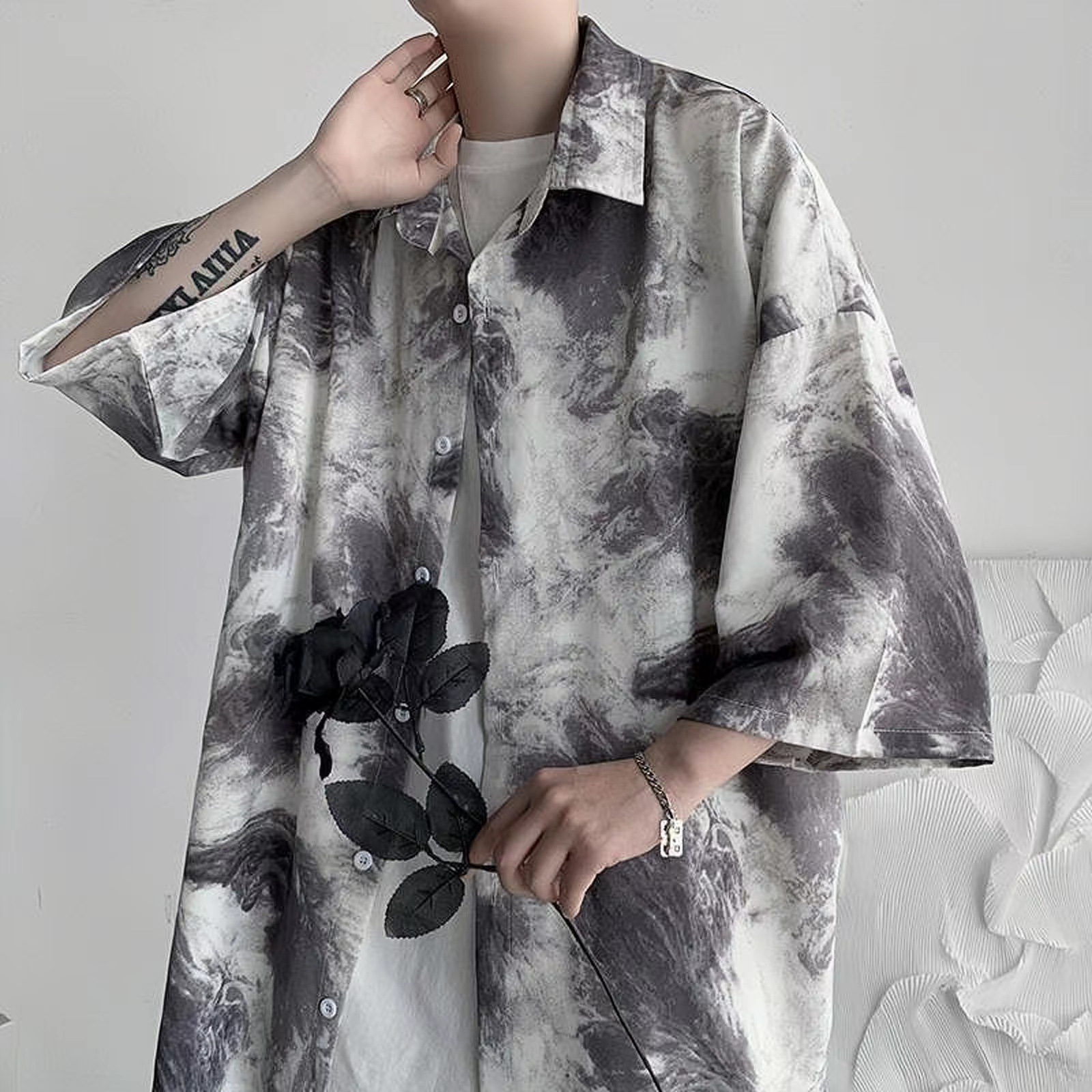 2025 Half-Sleeved Shirt Men's Large Size New Summer Handsome Short-Sleeved Floral Shirt Loose Trendyy Five-Point Top