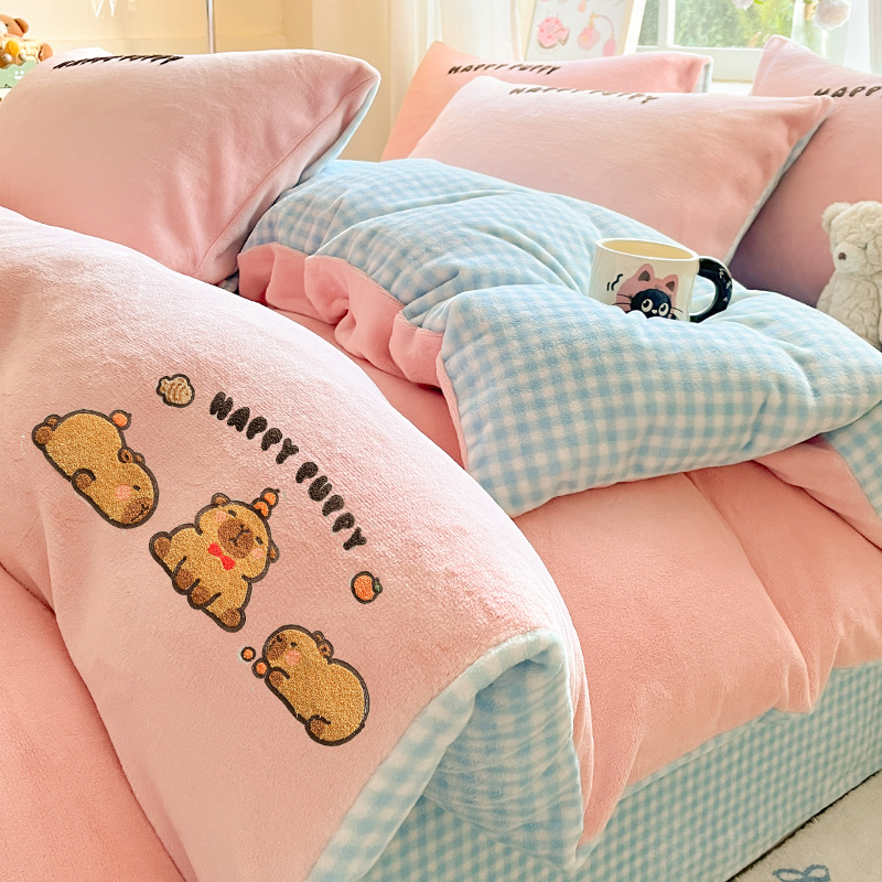 Leche de lana de invierno de lana de coral engrosado sábanas de cama de lana de cuatro piezas 2025 nuevo conjunto de cama de franela de tres piezas