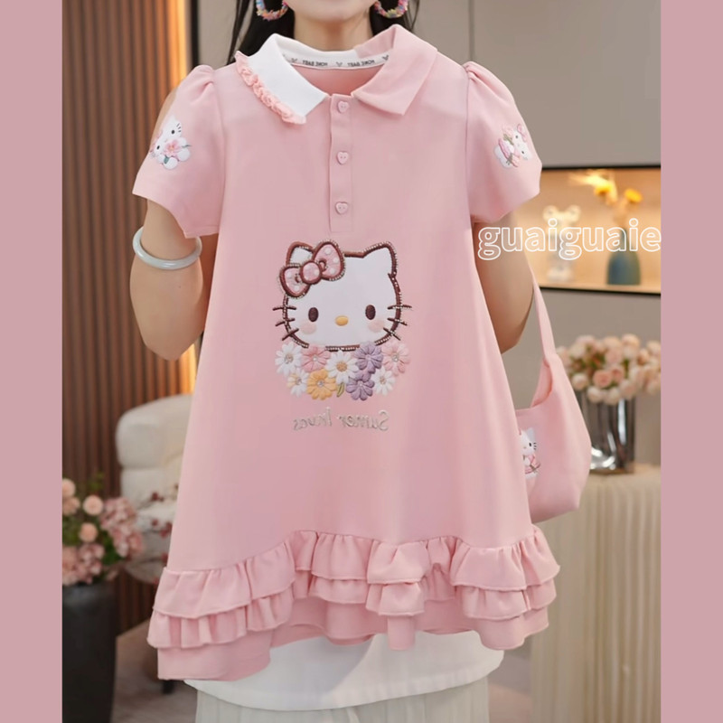 Girls' Summer Dress Hellokitty Pink Dress for Young Girls Stylish Ruffled Polo Collar Princess Dress Trendy