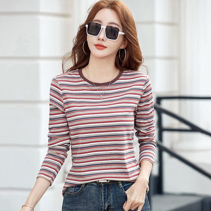 442 Korean style retro striped T-shirt Women's Spring and Autumn New Fashion Women's round neck bottoming shirt loose long sleeve top