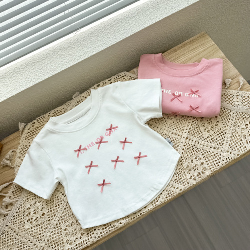 Kids Short Sleeve T-Shirt Summer Unisex Fashion Baby Girl Summer Outfit Base Shirt Girl with Bow Tie Clothing Trendy T-Shirt Top