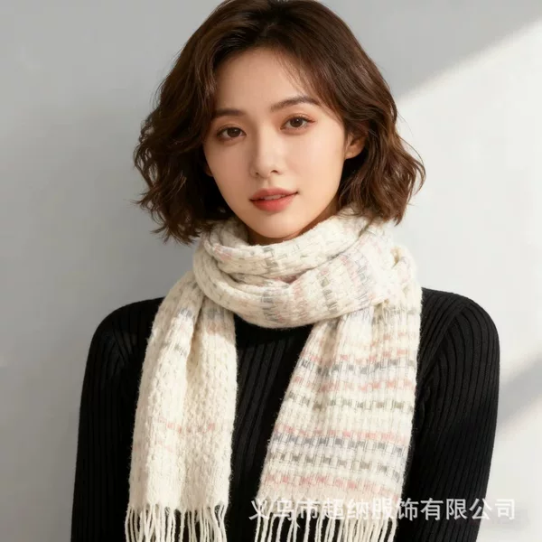 New Gentle Atmosphere Light Pink Plaid Scarf for Women Korean Style Winter Warm Shawl Versatile Preppy Style Scarf