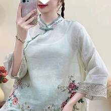 夏季国风棉麻新款复古中式刺绣钩花斜襟民族衬衫文艺盘扣茶服上衣
