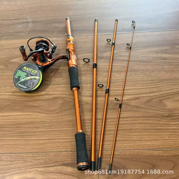 Orange four-section fishing rod and reel set, portable travel lure set with fishing line